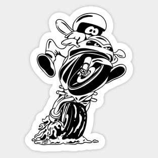 Sportbike motorcycle with a funny biker popping a wheelie cartoon illustration Sticker